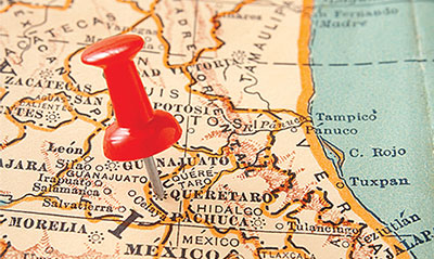Map of Mexico with pin placed in Queretaro, Mexico
